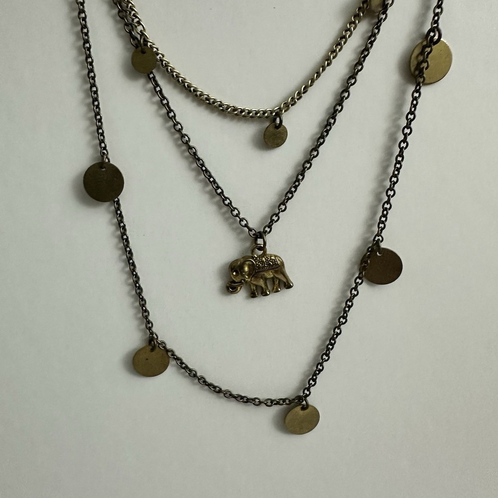 Boho Gold Tone Triple Layered Charm Necklace Elephant & Flat Disc Coins Dainty